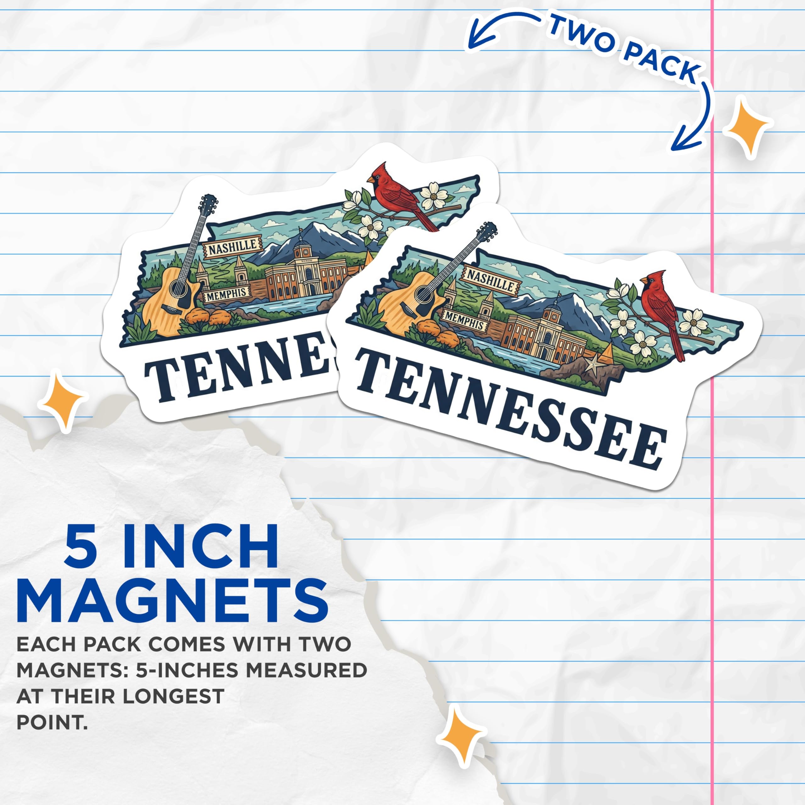 (2 Pack) Tennessee State Magnets - Nashville Memphis Landmark - Cardinal Guitar Design - 5 Inches On Longest Side - Thick Durable Magnet - Made in USA - MAG19310
