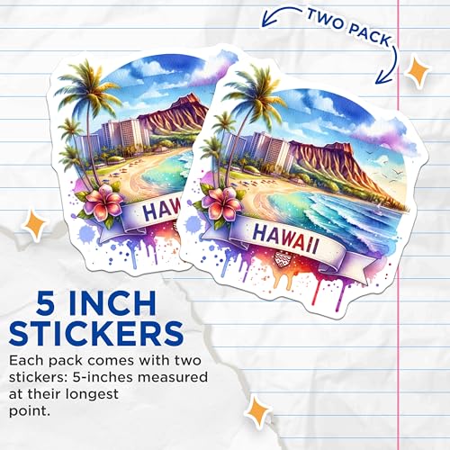 (2 Pack) Hawaii Travel Stickers - Beach Scene - Tropical Landscape Stickers - 5" On Longest Side - Sticks to Smooth Flat Surfaces - Made in USA - BMCS6901