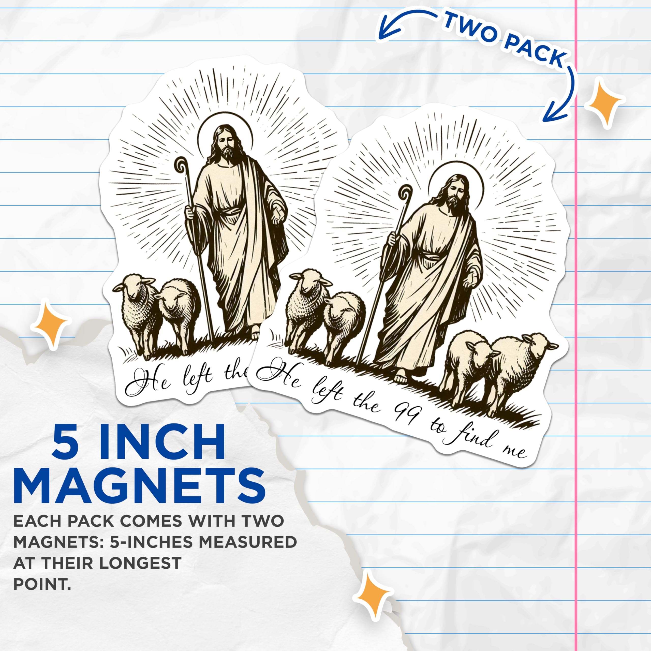 (2 Pack) Christian Jesus Magnets - He Left The 99 Faith Fridge Magnets - Good Shepherd Inspirational Devotional Decor - 5 Inches On Longest Side - Thick Durable Magnet - Made in USA - MAG25205