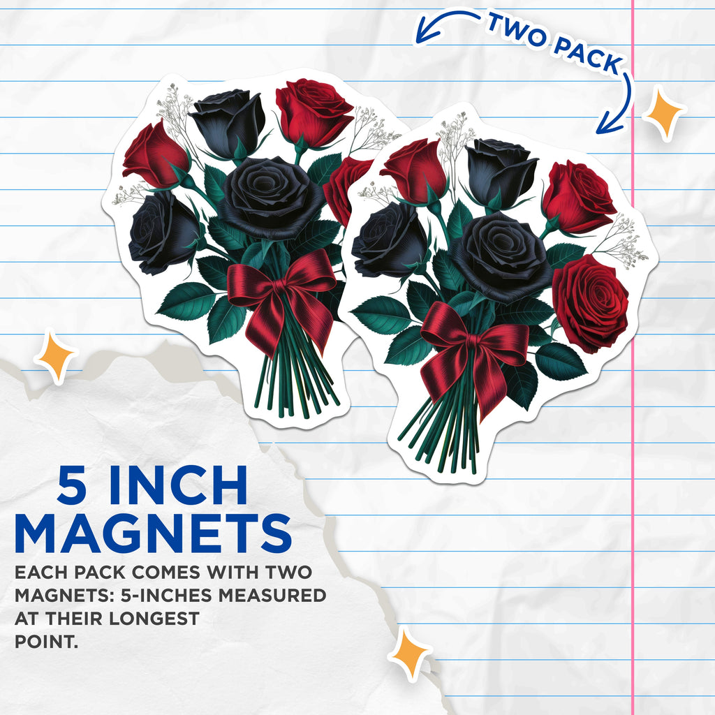 (2 Pack) Red Black Roses Magnets - Gothic Floral Decor - Dark Romance Bouquet Aesthetic - 5 Inches On Longest Side - Thick Durable Magnet - Made in USA - MAG37081