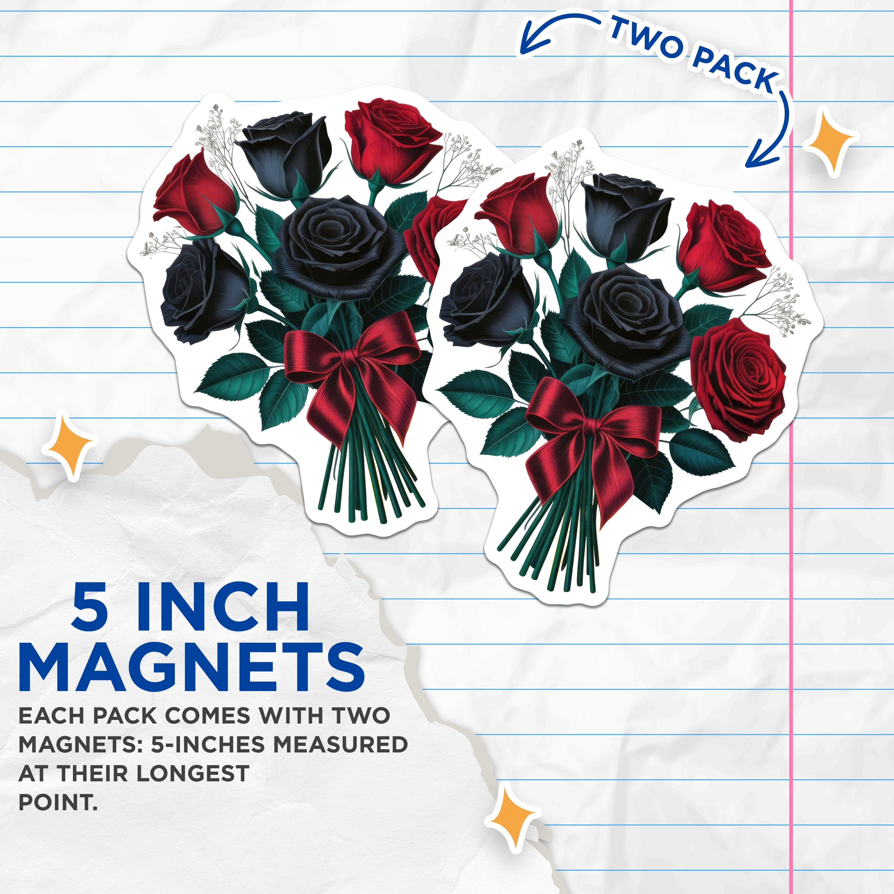 (2 Pack) Red Black Roses Magnets - Gothic Floral Decor - Dark Romance Bouquet Aesthetic - 5 Inches On Longest Side - Thick Durable Magnet - Made in USA - MAG37081