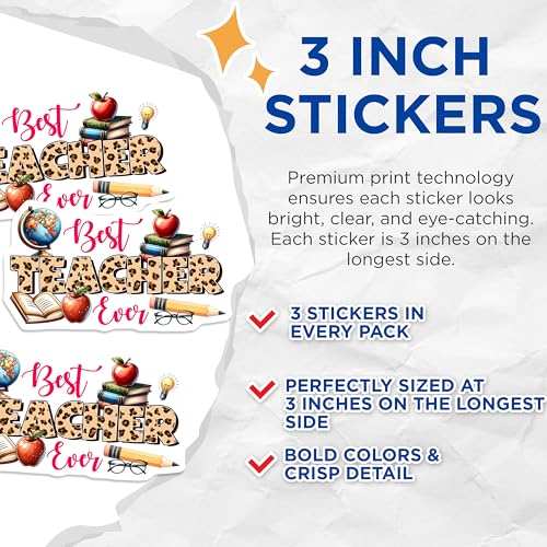 (3 Pack) Best Teacher Ever Decals - Leopard Print - Teacher Appreciation - 3 Inches On Longest Side - Easy Peel & Apply - Made in USA - 3MCS6808