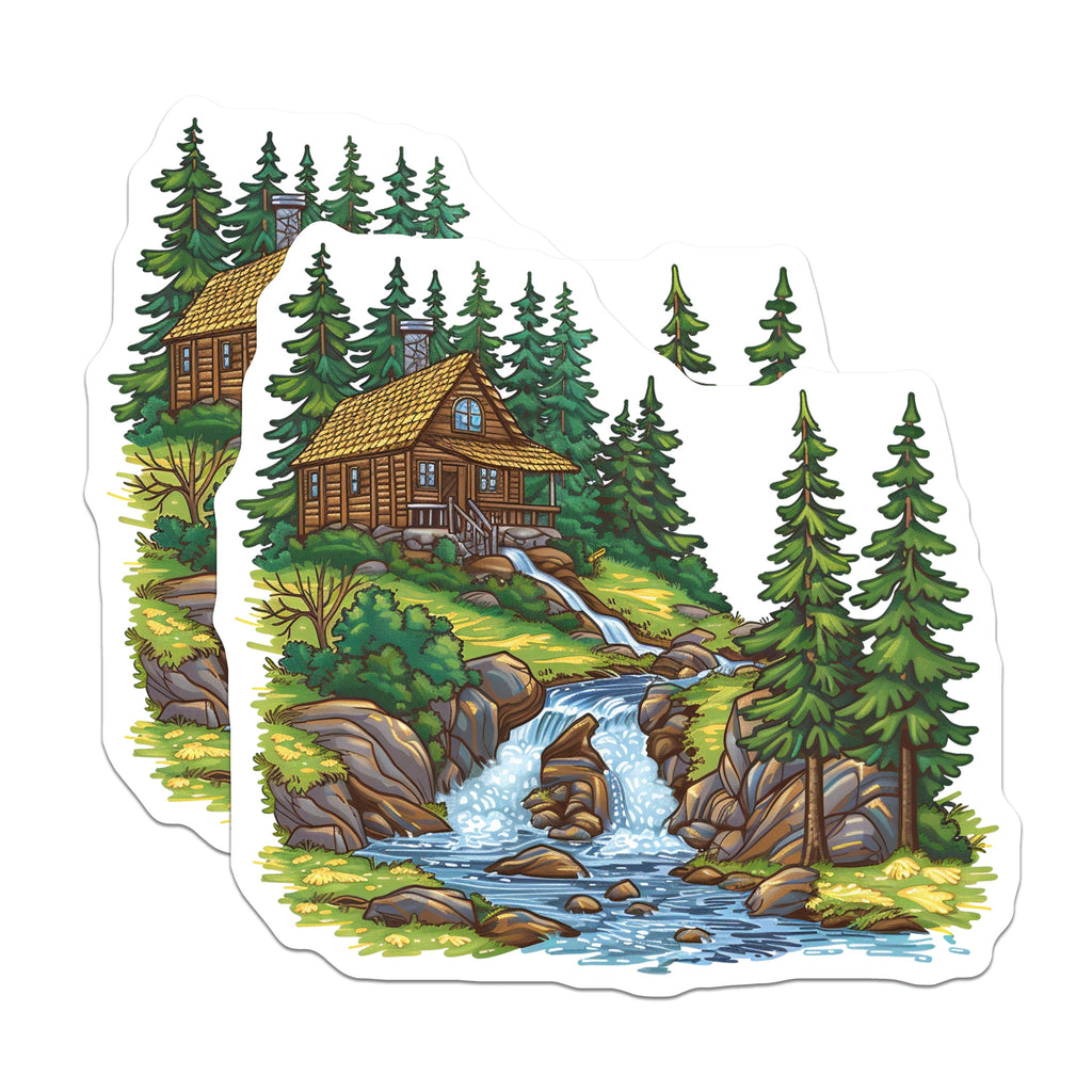 (2 Pack) Woodland Cabin Waterfall Magnets - Rustic Nature Scene - Mountain Lodge Decor - 5 Inches On Longest Side - Thick Durable Magnet - Made in USA - MAG37859