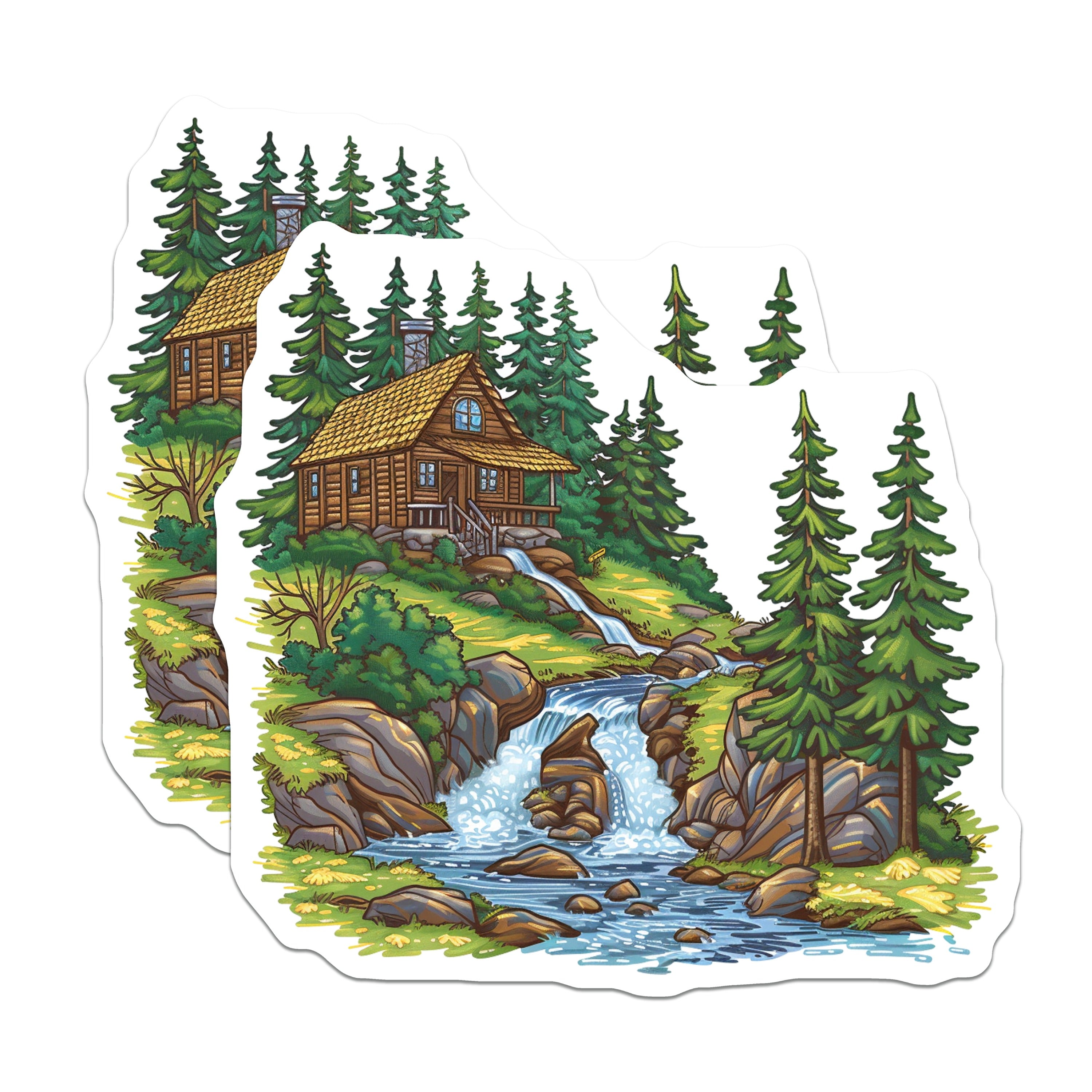 (2 Pack) Woodland Cabin Waterfall Magnets - Rustic Nature Scene - Mountain Lodge Decor - 5 Inches On Longest Side - Thick Durable Magnet - Made in USA - MAG37859
