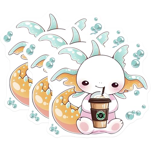 (3 Pack) Axolotl Coffee Decals - Cute Laptop Decals - Animal Sticker Pack - 3 Inches On Longest Side - Easy Peel & Apply - Made in USA - 3MCS6548