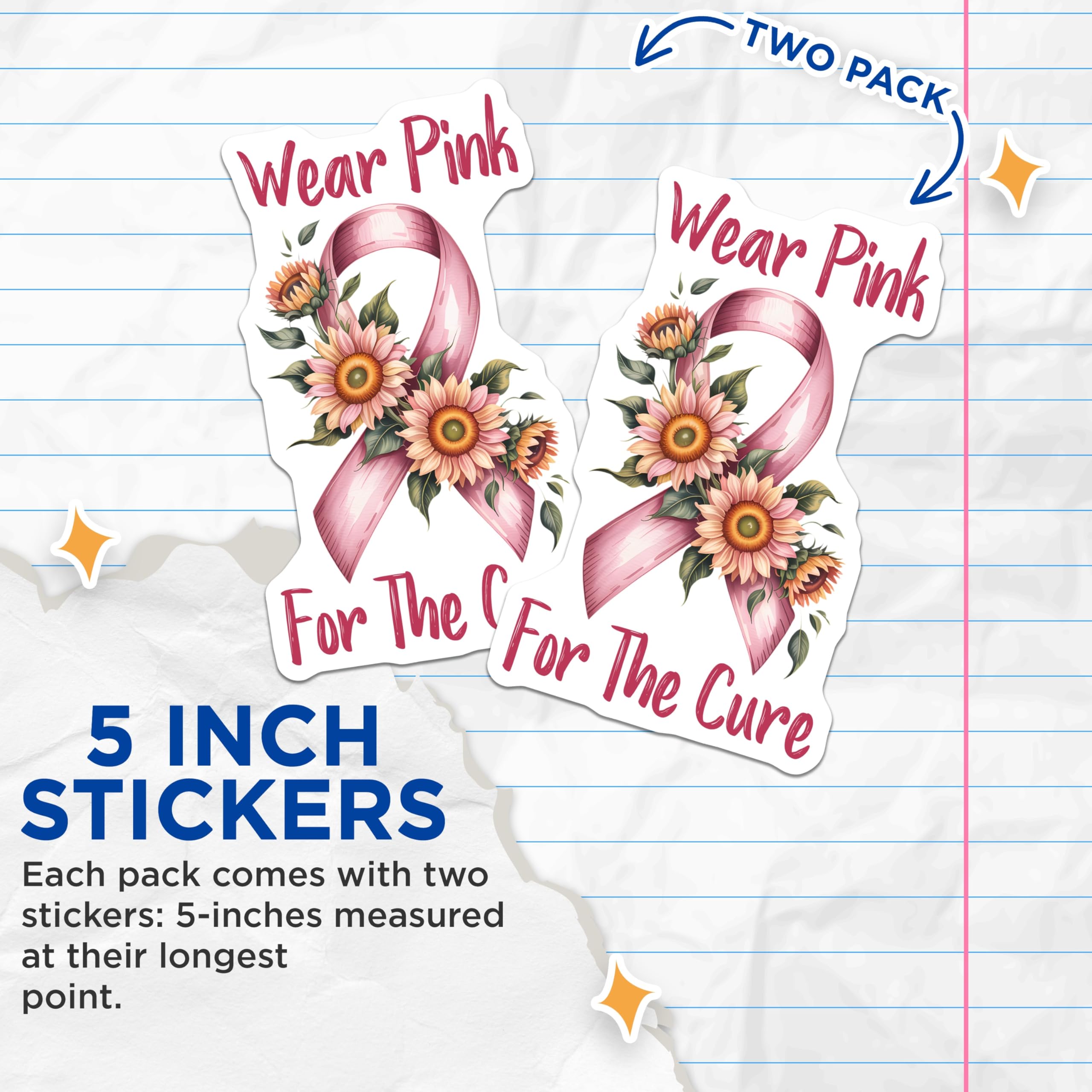 (2 Pack) Breast Cancer Stickers - Awareness Ribbon - Sunflower Stickers - 5" On Longest Side - Sticks to Smooth Flat Surfaces - Made in USA - BMCS15544