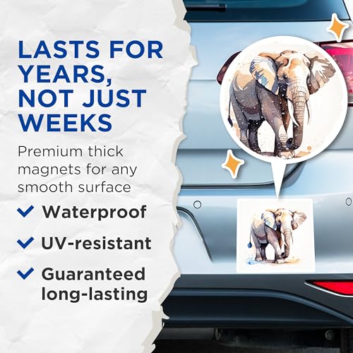 (2 Pack) Elephant Lover Magnets Magnets - Hand Drawn Elephant Art - Animal Lover Decor - 5" On Longest Side - Made in USA - Sticks to Refrigerators & Metal Surfaces - MAG8682