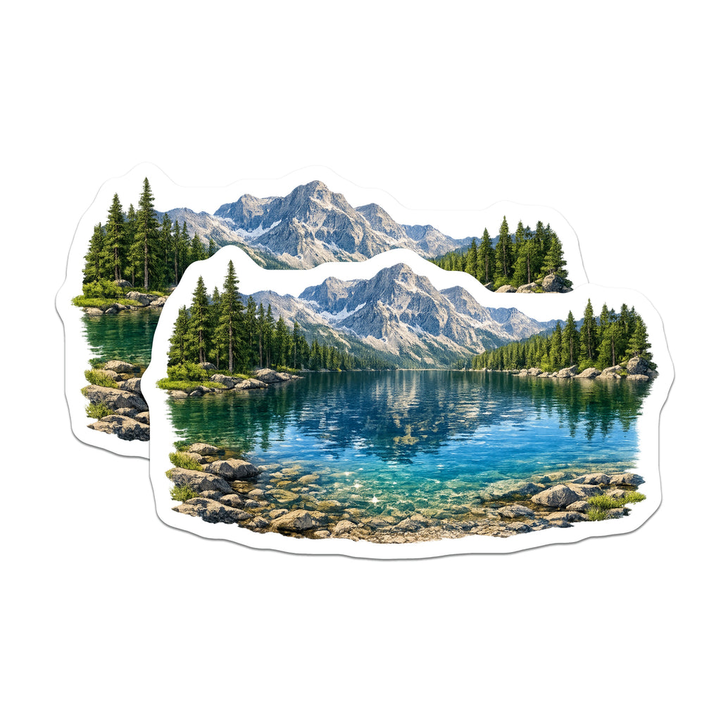 (2 Pack) Mountain Lake Magnets - Nature Landscape Refrigerator - Pine Forest Scene - Scenic View Adventure Outdoors Decor - 5 Inches On Longest Side - Thick Durable Magnet - Made in USA - MAG38861