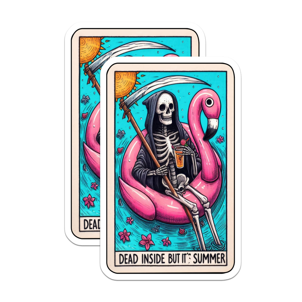 (2 Pack) Dead Inside But It's Summer Stickers - Skeleton Flamingo Float Stickers - Dark Humor Beach Stickers - 5" On Longest Side - Sticks to Smooth Flat Surfaces - Made in USA - BMCS4822