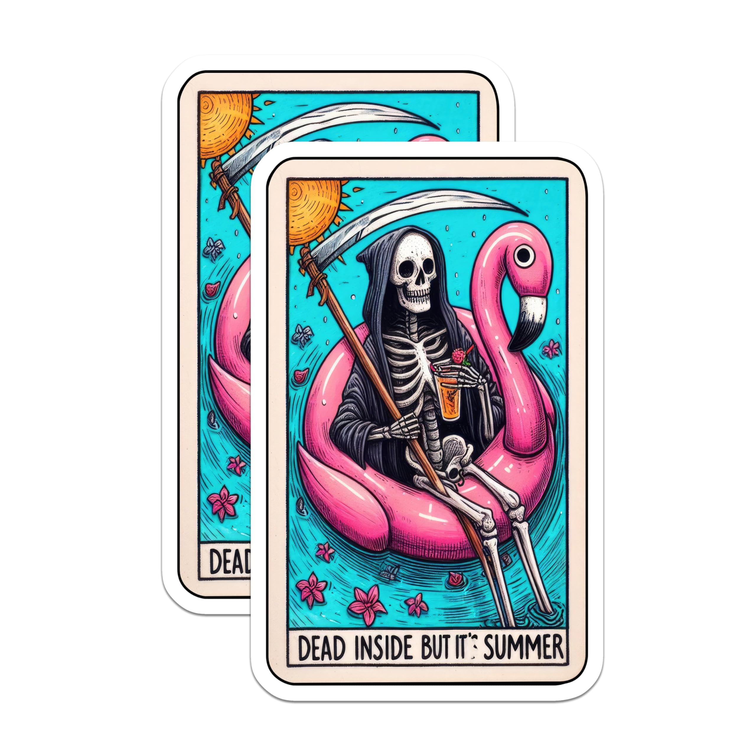 (2 Pack) Dead Inside But It's Summer Stickers - Skeleton Flamingo Float Stickers - Dark Humor Beach Stickers - 5" On Longest Side - Sticks to Smooth Flat Surfaces - Made in USA - BMCS4822