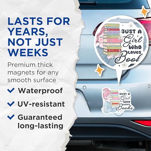 (2 Pack) Just a Girl Who Loves Books Magnets - Book Lover Decor - Cute Library Magnet - 5" On Longest Side - for Cars, Fridges, Toolboxes - Made in USA - MAG6884