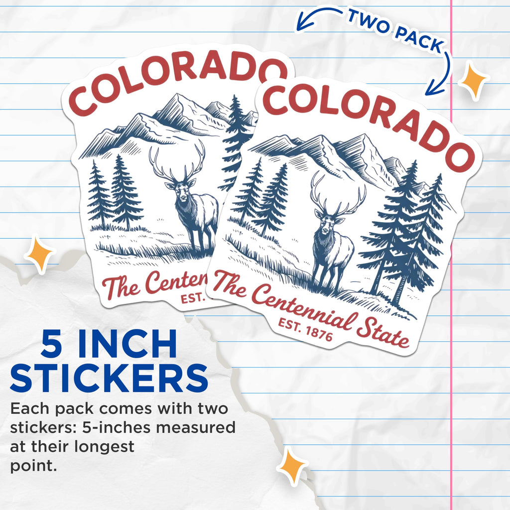 (2 Pack) Colorado Stickers - Centennial State Decals - Elk and Mountain Art - 5" On Longest Side - Sticks to Smooth Flat Surfaces - Made in USA - BMCS17876
