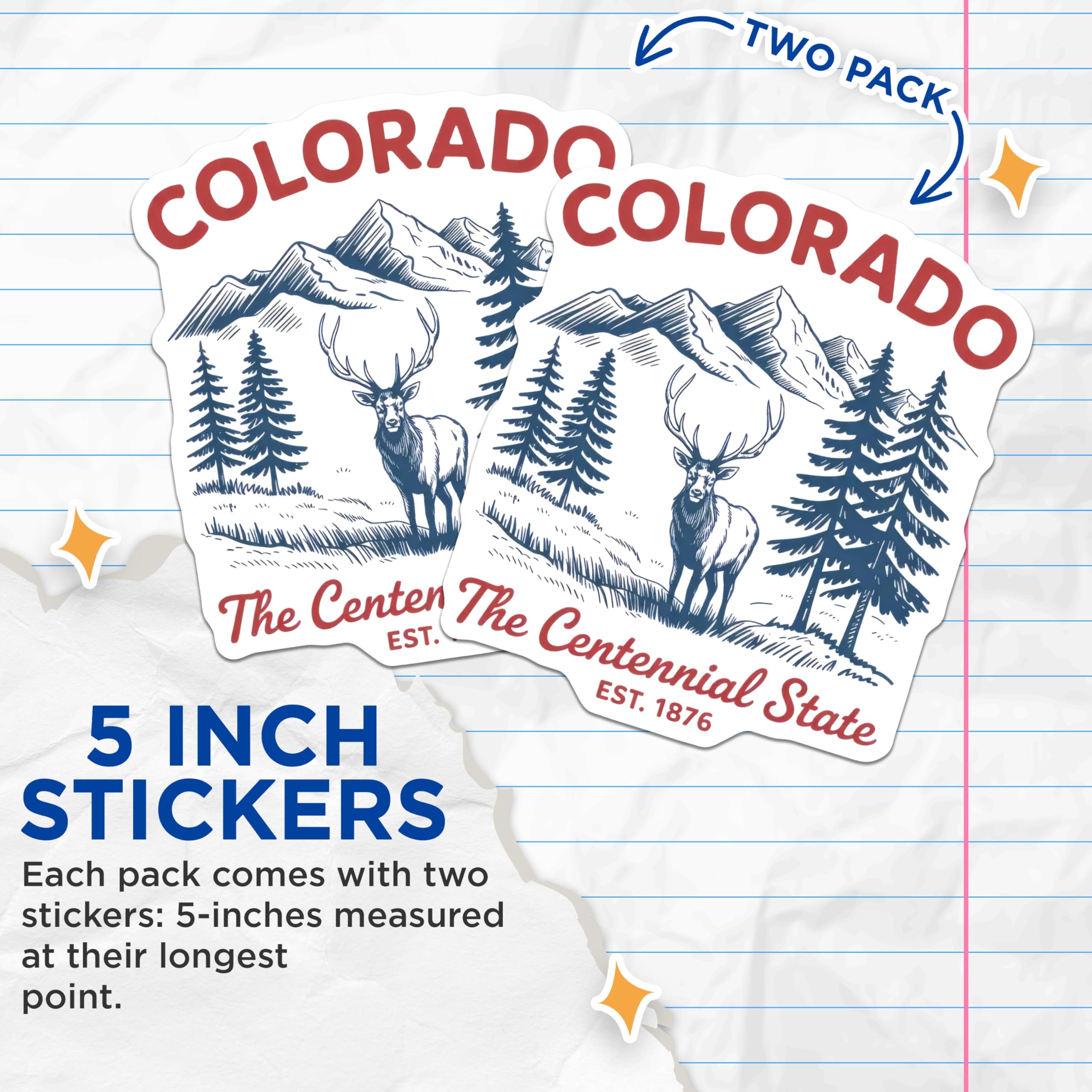 (2 Pack) Colorado Stickers - Centennial State Decals - Elk and Mountain Art - 5" On Longest Side - Sticks to Smooth Flat Surfaces - Made in USA - BMCS17876