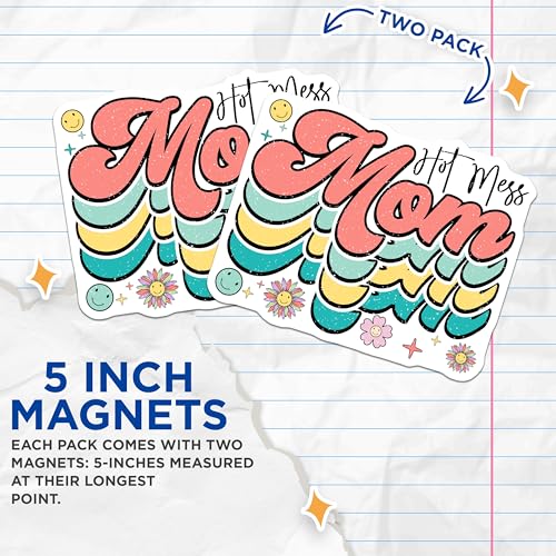 (2 Pack) Hot Mess Mom Magnets Magnets - Fun Retro Decal - Mother's Pride Sticker - 5" On Longest Side - Made in USA - Sticks to Refrigerators & Metal Surfaces - MAG8886
