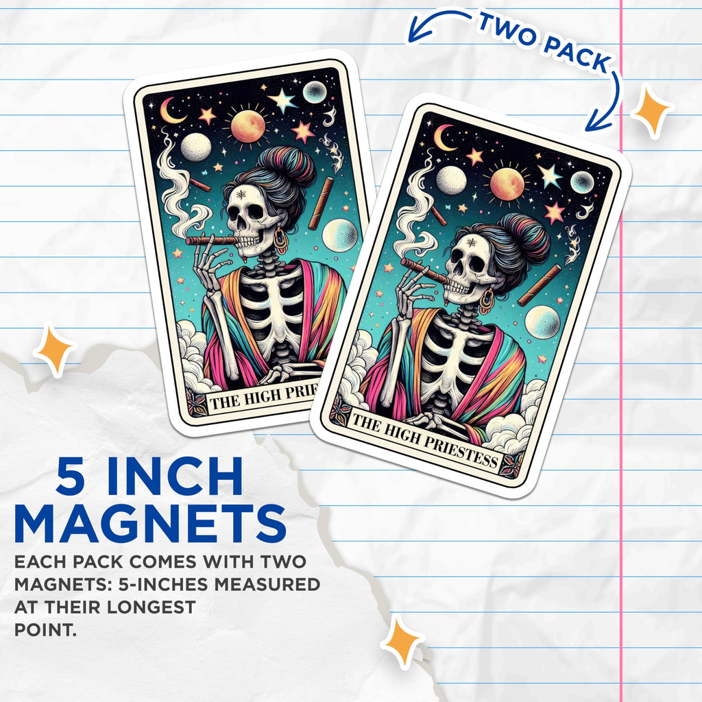 (2 Pack) High Priestess Tarot Magnets - Smoking Skeleton Celestial Card Art - Mystical Occult Witchy Fridge Kitchen Decor - 5 Inches On Longest Side - Thick Durable Magnet - Made in USA - MAG22062
