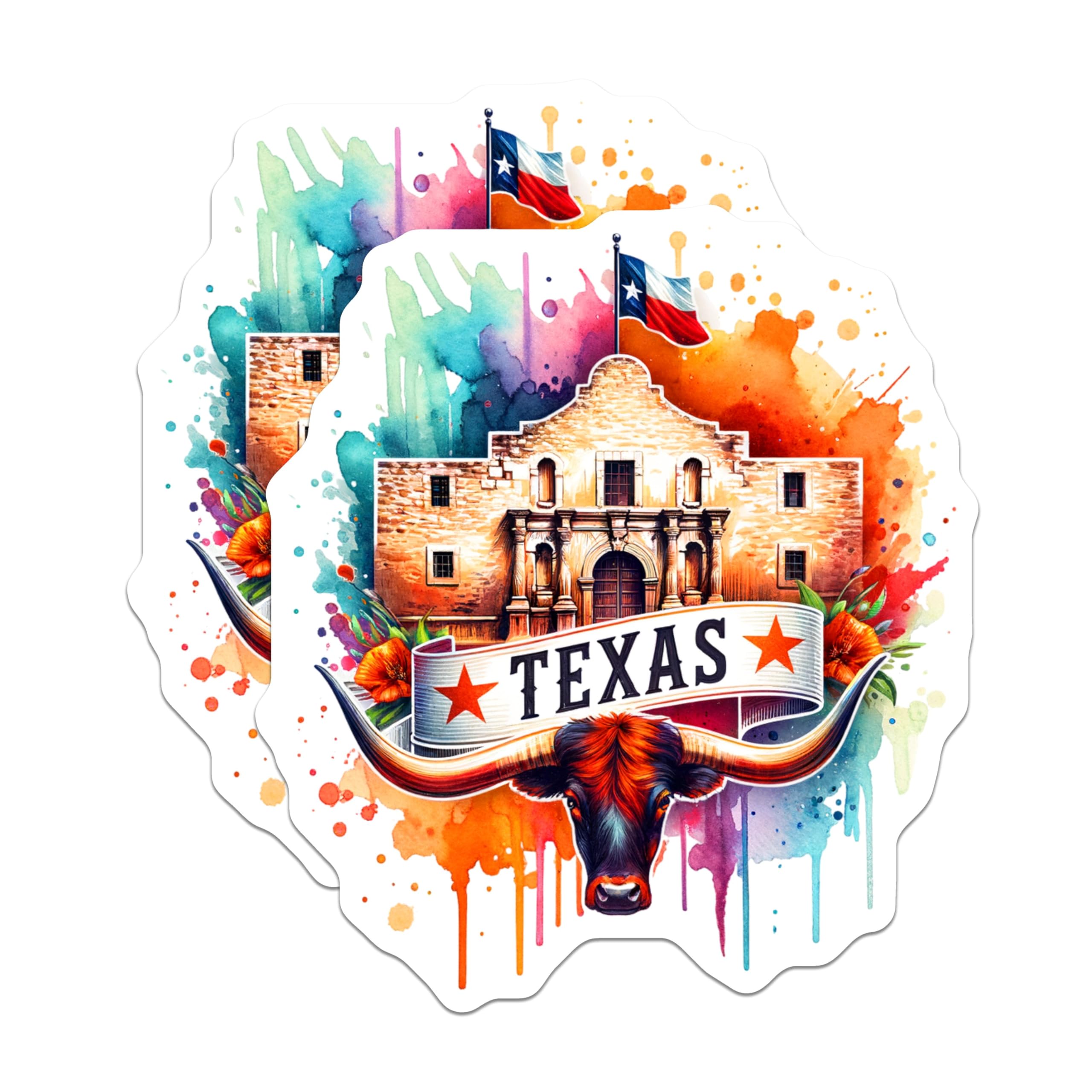 (2 Pack) Texas Alamo Stickers - Longhorn - Watercolor Art - 5" On Longest Side - Sticks to Smooth Flat Surfaces - Made in USA - BMCS6925
