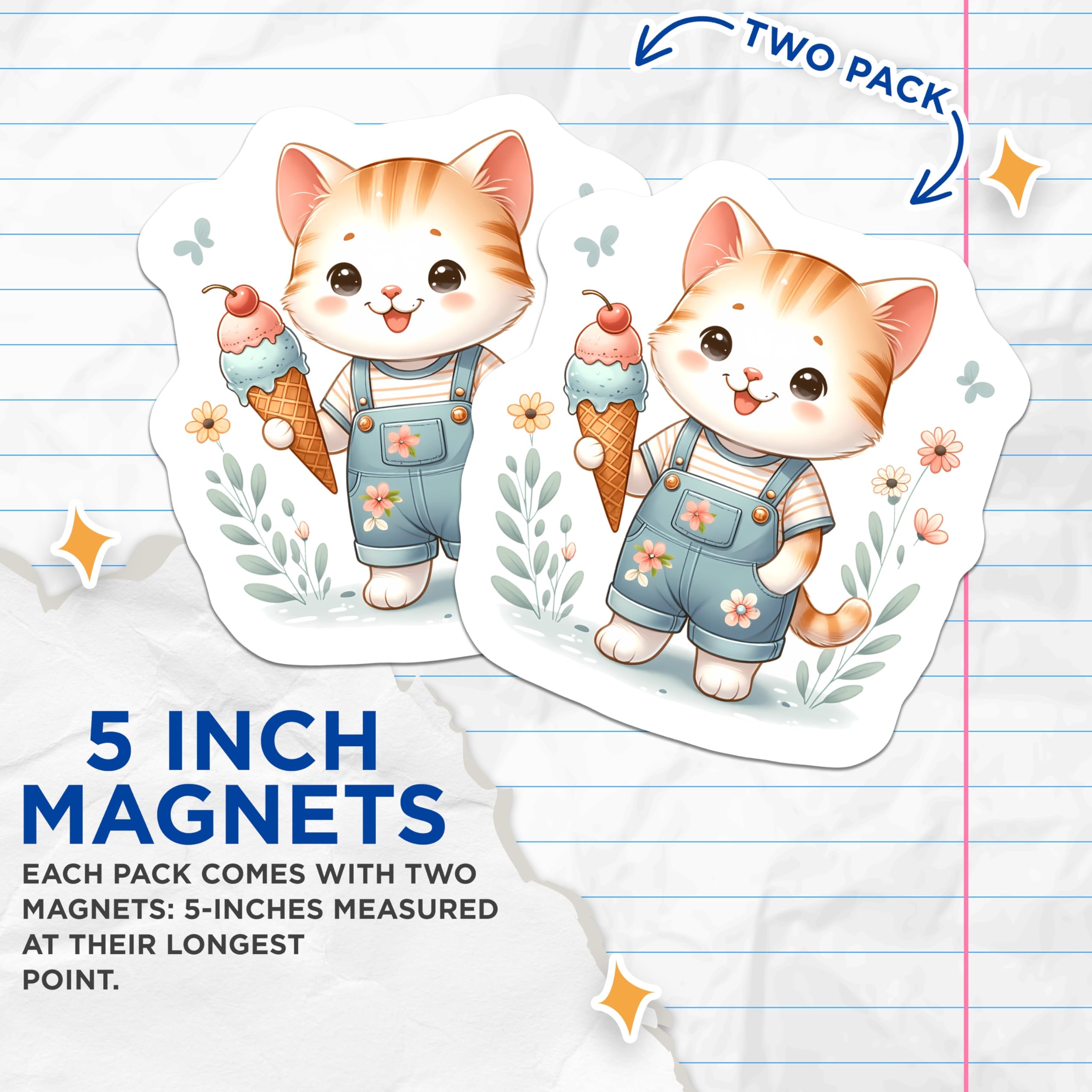 (2 Pack) Adorable Cartoon Cat Magnets - Kawaii Kitty Ice Cream Cone Enthusiast - Whimsical Animal Refrigerator Decoration - 5 Inches On Longest Side - Thick Durable Magnet - Made in USA - MAG21526