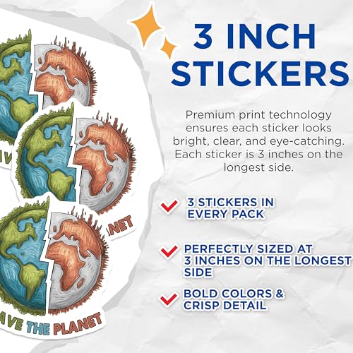 (3 Pack) Save The Planet Decals - Earth Day Decals - Climate Change Awareness - 3 Inches On Longest Side - Easy Peel & Apply - Made in USA - 3MCS6458