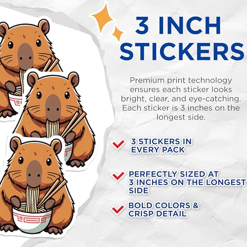 (3 Pack) Capybara Ramen Decals - Cute Noodle Art - Laptop Car Decals - 3 Inches On Longest Side - Easy Peel & Apply - Made in USA - 3MCS8679