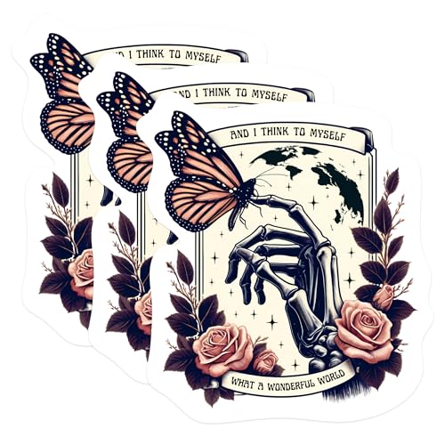 (3 Pack) Wonderful World Decals - Floral Skeleton Hand - Butterfly Laptop Decals - 3 Inches On Longest Side - Easy Peel & Apply - Made in USA - 3MCS1074