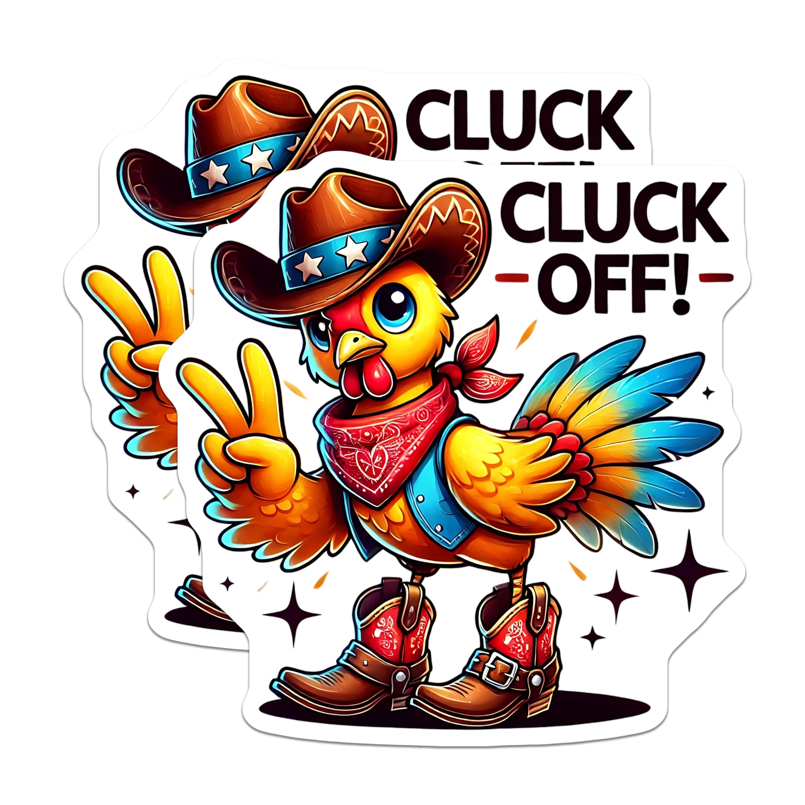 (2 Pack) Cowboy Chicken Magnets - Funny Cluck Off Phrase - Quirky Kitchen Decor - 5" On Longest Side - Premium Magnet - for Cars, Refrigerators, Toolboxes, Lockers - Made in USA - MAG14923