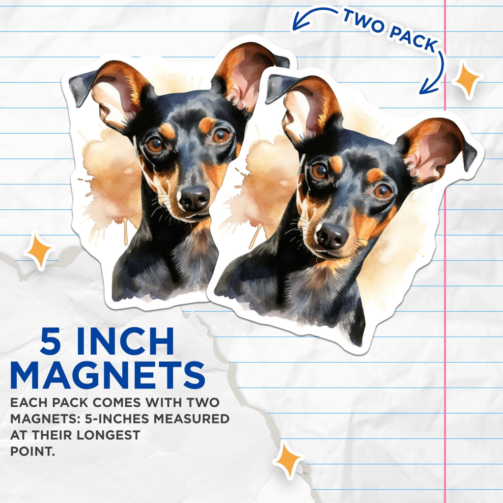 (2 Pack) Miniature Pinscher Magnets - Min Pin Dog Art - Watercolor Pet Lover Decor - 5 Inches On Longest Side - Thick Durable Magnet - Made in USA - MAG30389