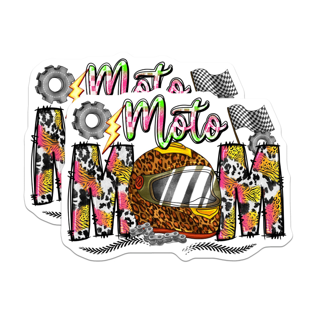 (2 Pack) Moto Mom Magnets for Vehicles - Motocross Racing Mama Decor - Leopard Print Helmet - Dirt Bike Enthusiast - 5 Inches On Longest Side - Thick Durable Magnet - Made in USA - MAG24635