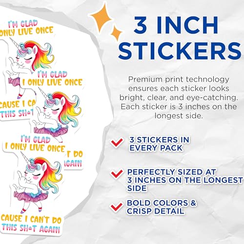 (3 Pack) Funny Unicorn Decals - Sarcastic Laptop Decals - YOLO Saying - 3 Inches On Longest Side - Easy Peel & Apply - Made in USA - 3MCS6558