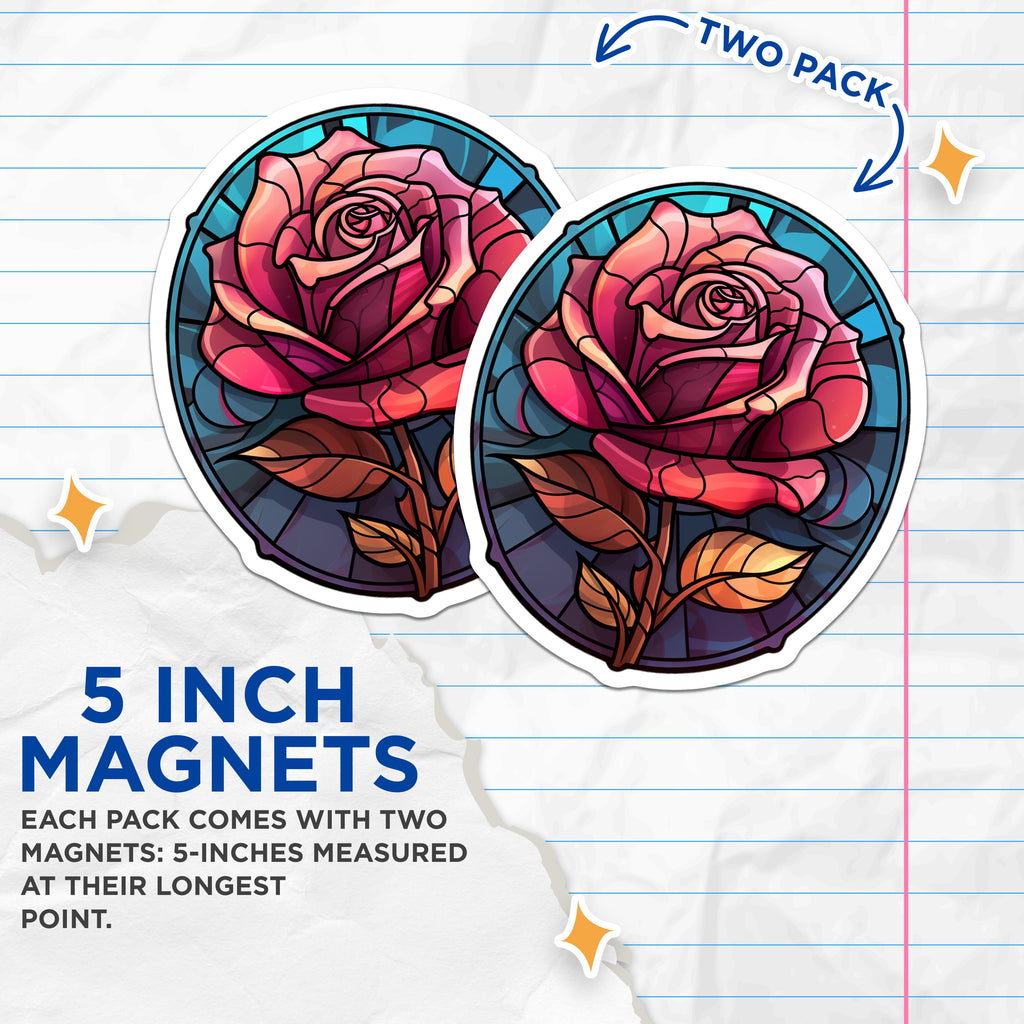 (2 Pack) Stained Glass Rose Magnets - Vibrant Floral Fridge Decor - Art Nouveau Botanical Locker Accessories - 5 Inches On Longest Side - Thick Durable Magnet - Made in USA - MAG38208