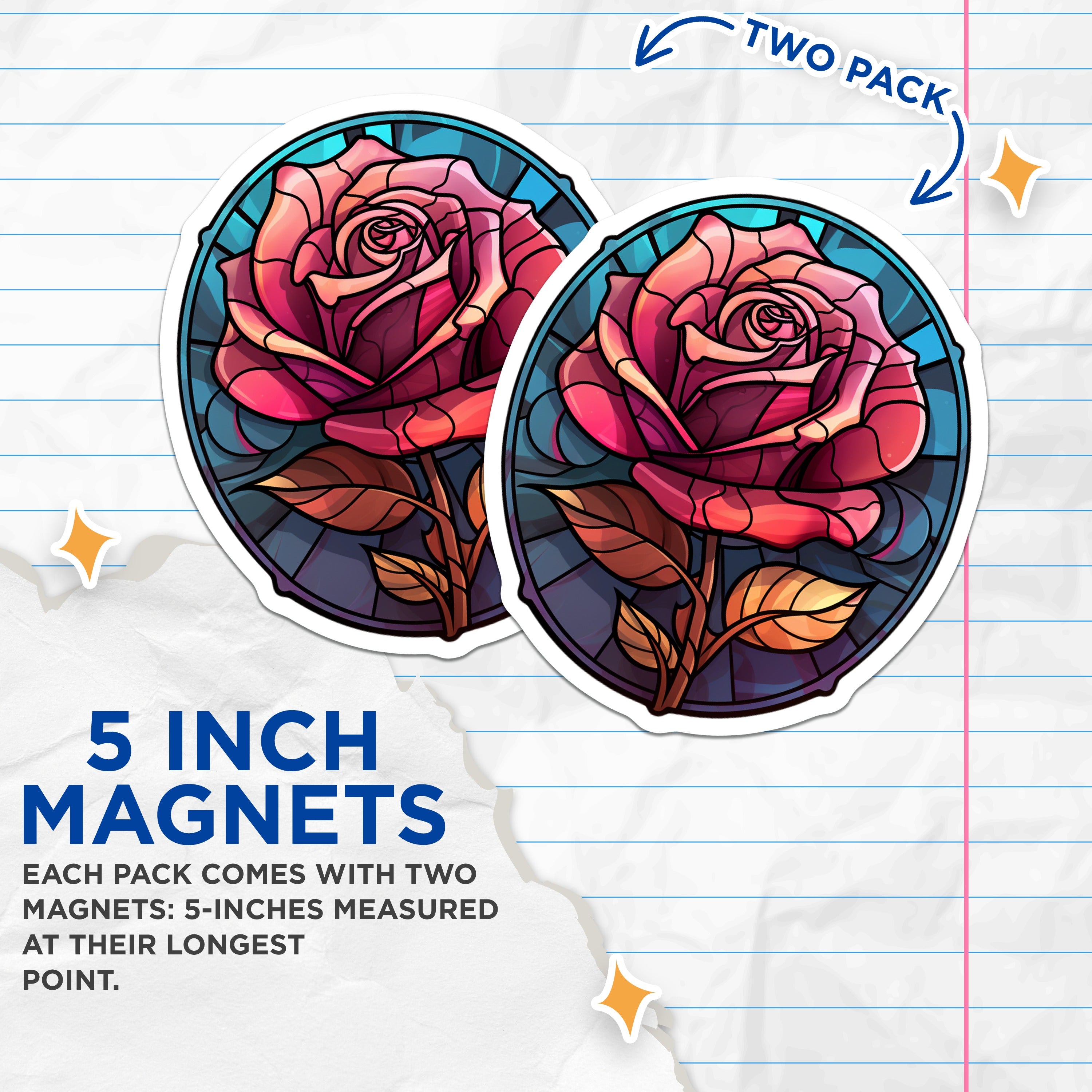 (2 Pack) Stained Glass Rose Magnets - Vibrant Floral Fridge Decor - Art Nouveau Botanical Locker Accessories - 5 Inches On Longest Side - Thick Durable Magnet - Made in USA - MAG38208