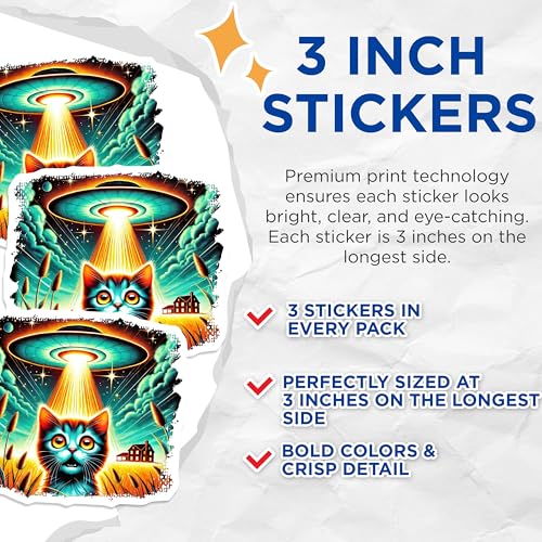 (3 Pack) Abducted Cat Decals - UFO Beam - Alien Invasion Laptop Decal - 3 Inches On Longest Side - Easy Peel & Apply - Made in USA - 3MCS4485