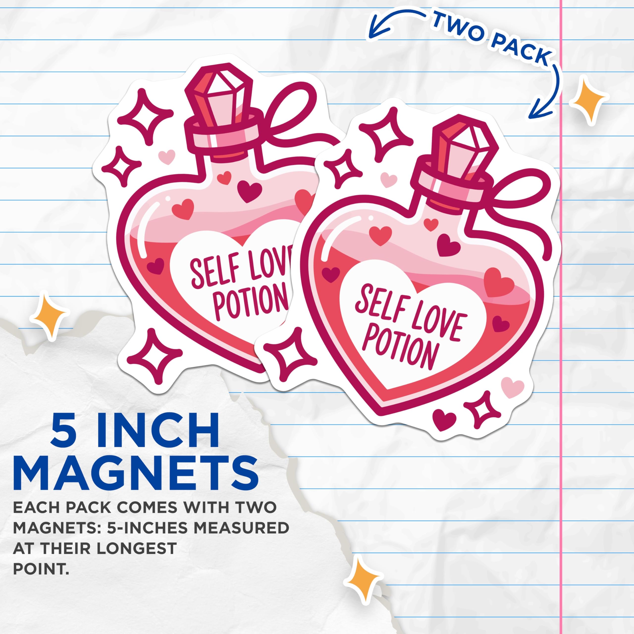 (2 Pack) Self Love Potion Magnets - Daily Positive Affirmation - Whimsical Heart Bottle Decor - 5 Inches On Longest Side - Thick Durable Magnet - Made in USA - MAG22532