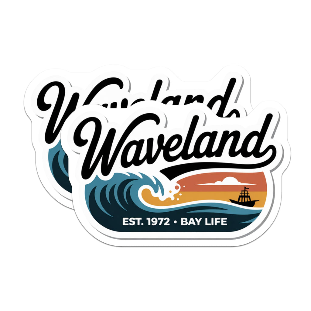 (2 Pack) Waveland Stickers - Bay Life Decals - Ocean Wave Stickers - 5" On Longest Side - Sticks to Smooth Flat Surfaces - Made in USA - BMCS17433