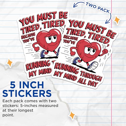 (2 Pack) Funny Heart Stickers - Cute Running Sticker Decals - Romantic Heartbeat Artwork Stickers - 5" On Longest Side - Sticks to Smooth Flat Surfaces - Made in USA - BMCS4614