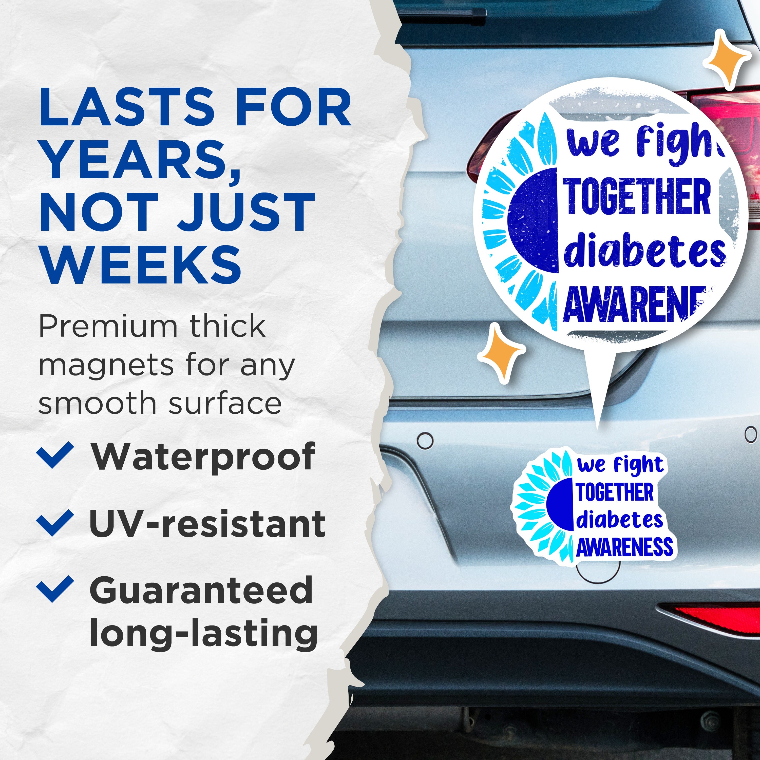 (2 Pack) Diabetes Awareness Magnets - Fight Together Support - Blue Sunflower Decor - Health Advocacy Message - 5 Inches On Longest Side - Thick Durable Magnet - Made in USA - MAG36990
