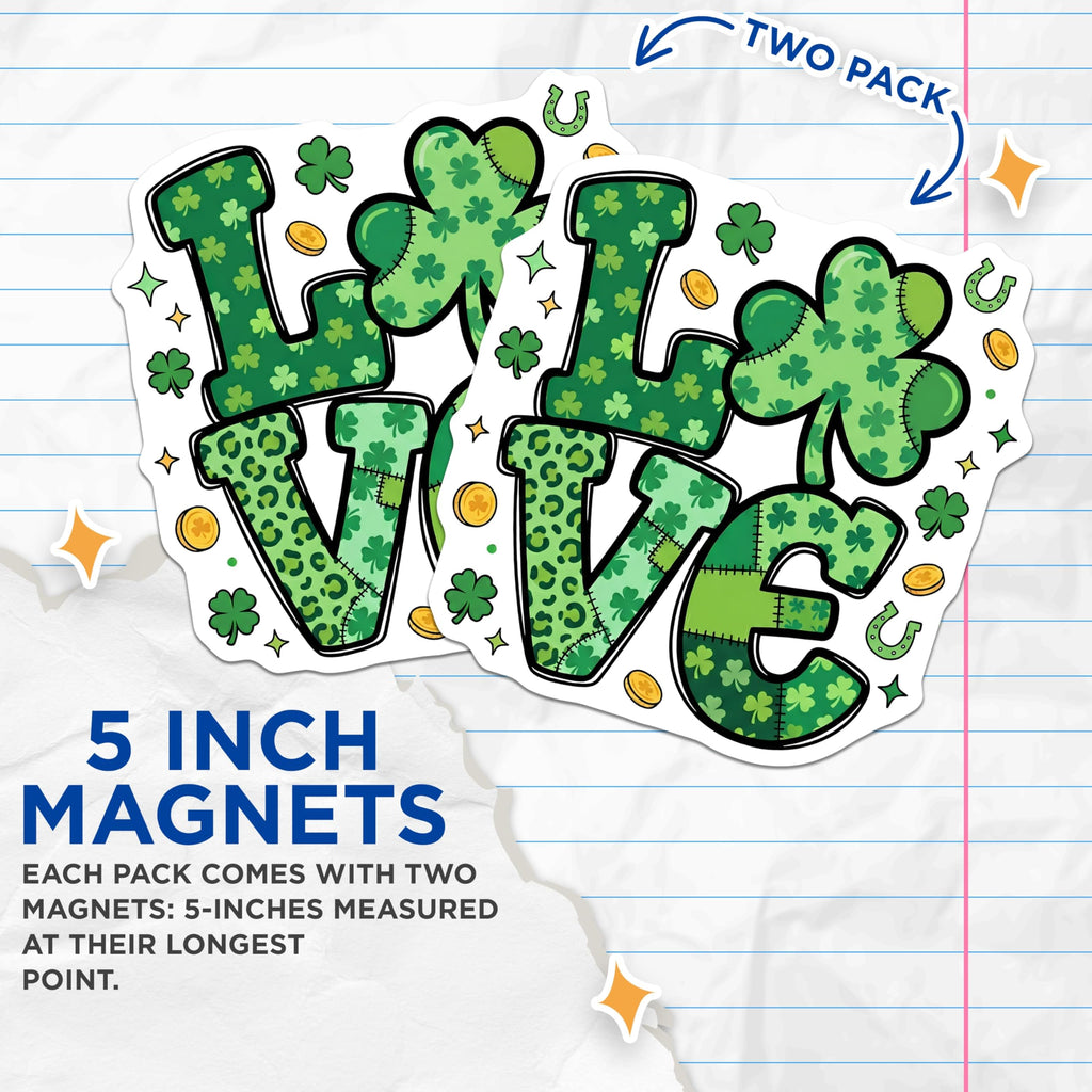 (2 Pack) St Patricks Day Magnets - Shamrock Love Design - Lucky Clover Decor - 5" On Longest Side - Premium Magnet - for Cars, Refrigerators, Toolboxes, Lockers - Made in USA - MAG16850