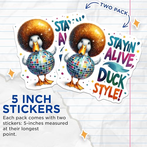 (2 Pack) Stayin Alive Duck Style Stickers - Funny Disco Duck Stickers - Retro Humor Stickers - 5" On Longest Side - Sticks to Smooth Flat Surfaces - Made in USA - BMCS6371