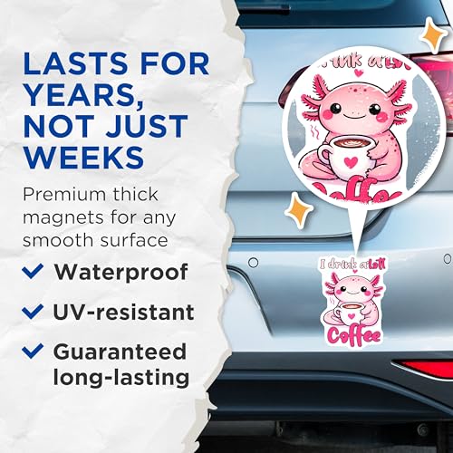 (2 Pack) Axolotl Coffee Lover Magnets - Cute Axolotl Fridge Magnets - Fun Kitchen Decor Magnets - 5" On Longest Side - for Cars, Refrigerators, Toolboxes, Lockers - Made in USA BMCS3283