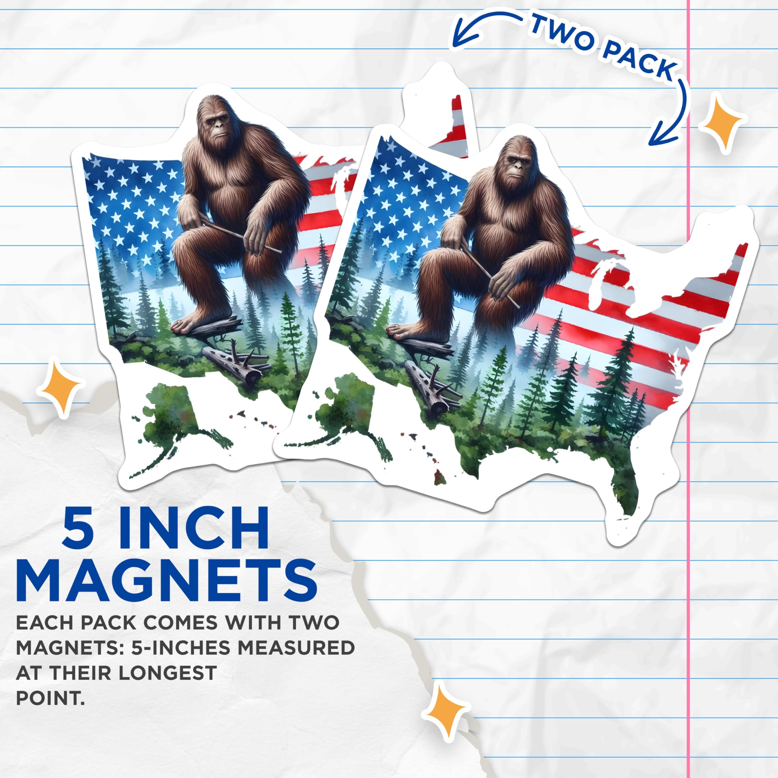 (2 Pack) Bigfoot Sasquatch Magnets - American Flag USA Outline - Forest Cryptid Creature Decor - Patriotic United States Art - 5 Inches On Longest Side - Thick Durable Magnet - Made in USA - MAG22966