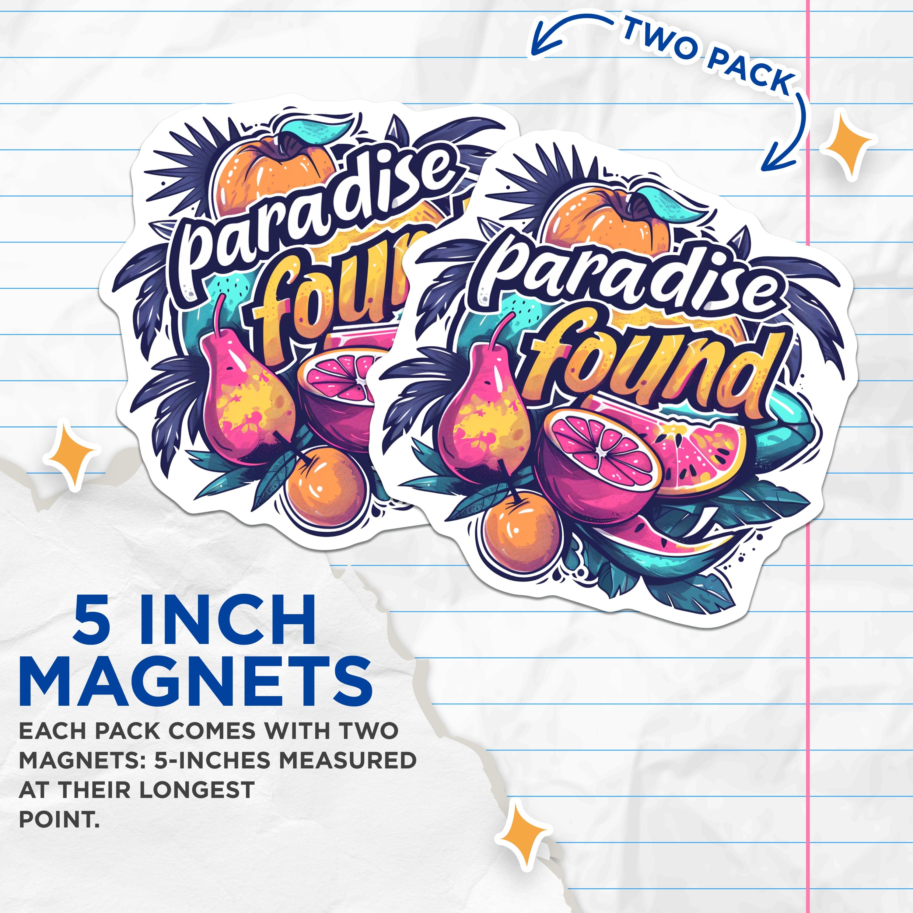 (2 Pack) Paradise Found Magnets - Tropical Fruit Decor - Summer Vibe Fridge Art - Travel Inspired Kitchen Accent - 5 Inches On Longest Side - Thick Durable Magnet - Made in USA - MAG36941