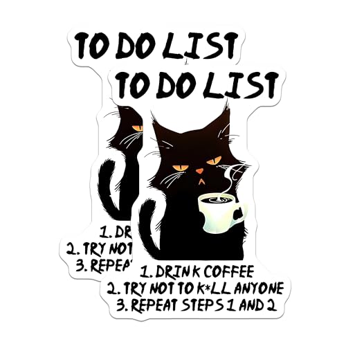 (2 Pack) Funny Cat to Do List Stickers - Hilarious Cat Lover Decal - Drink Coffee Humor for Laptop and Water Bottle - 5" On Longest Side - Sticks to Smooth Flat Surfaces - Made in USA - BMCS7829