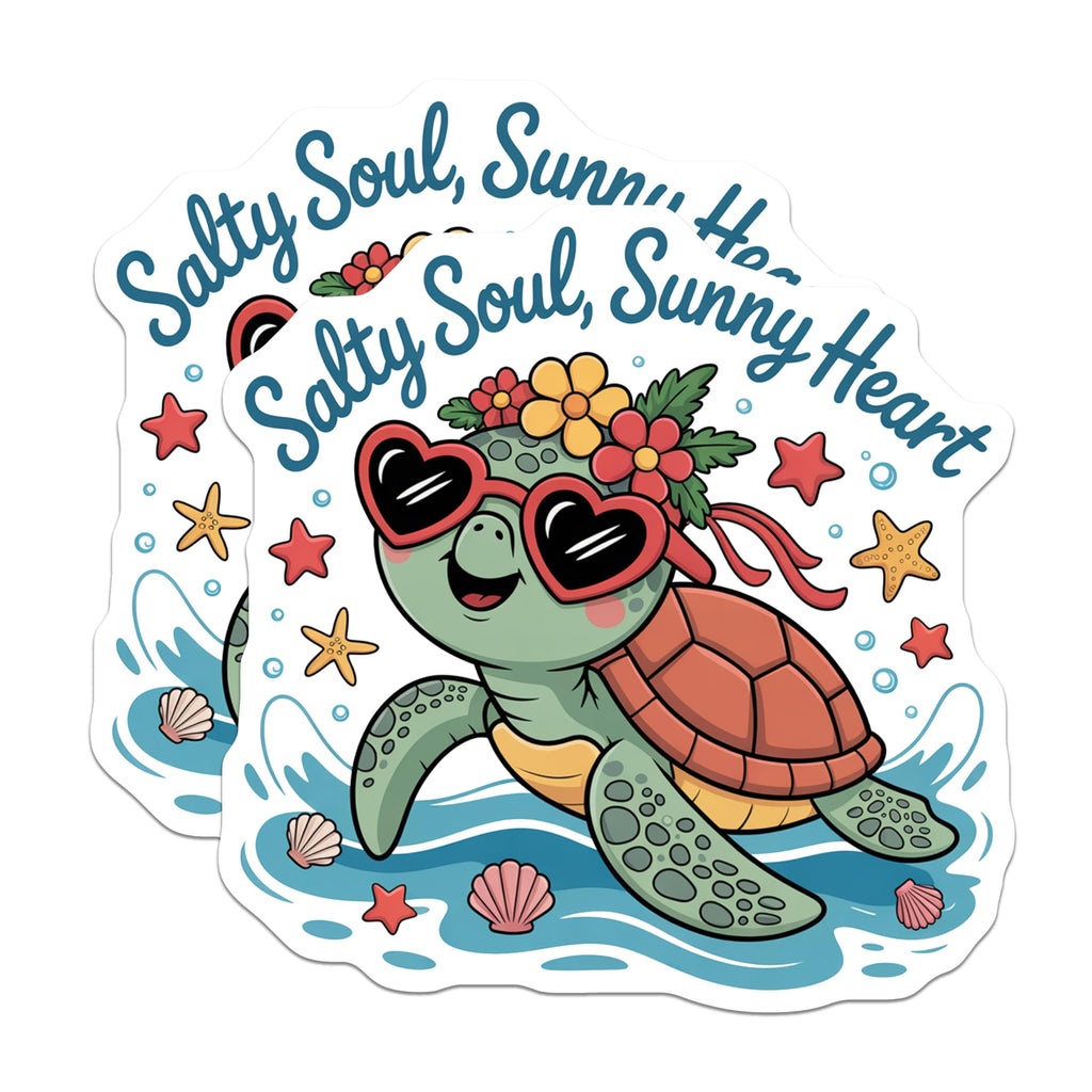 (2 Pack) Salty Soul Sunny Heart Magnets - Cute Sea Turtle Fridge Art - Beach Vibe Ocean Decor Marine Life Kawaii - 5 Inches On Longest Side - Thick Durable Magnet - Made in USA - MAG19977