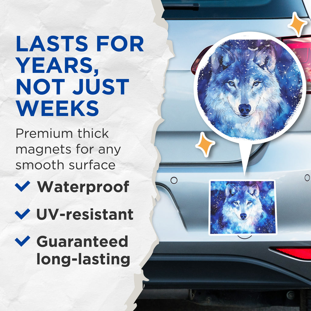 (2 Pack) Cosmic Wolf Magnets - Watercolor Animal Decor - Celestial Starry Fridge Art - 5 Inches On Longest Side - Thick Durable Magnet - Made in USA - MAG38524
