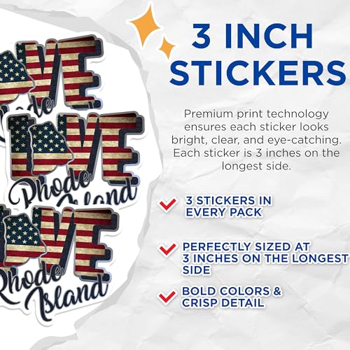 (3 Pack) Rhode Island Decals - USA Flag Laptop Decal - State Love Decals - 3 Inches On Longest Side - Easy Peel & Apply - Made in USA - 3MCS0330