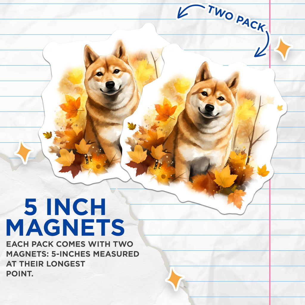 (2 Pack) Shiba Inu Dog Magnets - Autumn Leaves Decor - Cute Japanese Breed Pet Lover Refrigerator Magnets - 5 Inches On Longest Side - Thick Durable Magnet - Made in USA - MAG25486