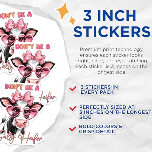 (3 Pack) Salty Heifer Decals - Cute Cow Decals - Funny Saying Stickers - 3 Inches On Longest Side - Easy Peel & Apply - Made in USA - 3MCS8576