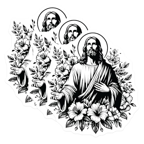 (3 Pack) Jesus Floral Decals - Religious Sticker - Christian Art Decals - 3 Inches On Longest Side - Easy Peel & Apply - Made in USA - 3MCS6087