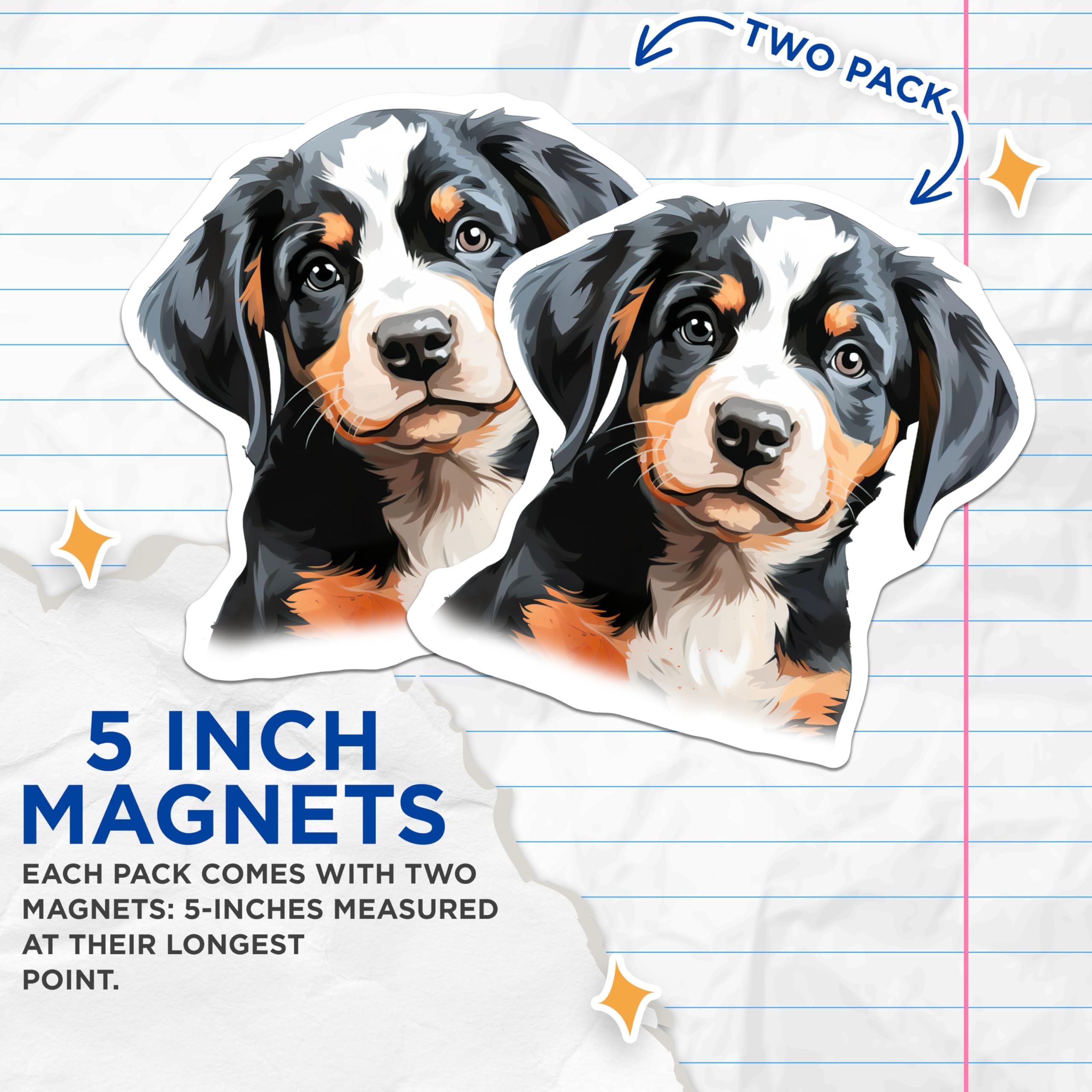 (2 Pack) Greater Swiss Mountain Dog Magnets - Cute Swissy Puppy Art - Dog Owner Home Decor - 5 Inches On Longest Side - Thick Durable Magnet - Made in USA - MAG27446