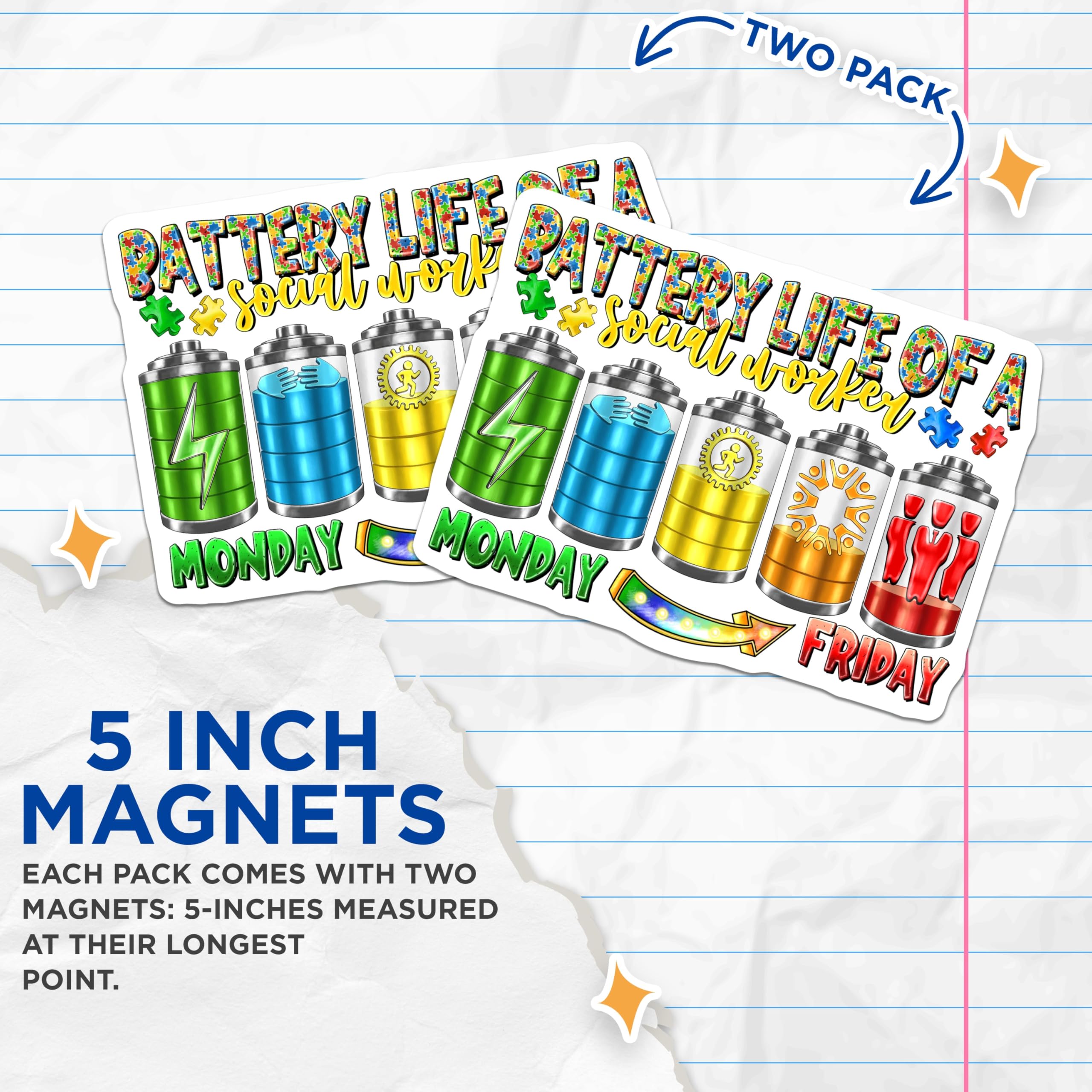 (2 Pack) Social Worker Battery Life Magnets - Funny Work Week Survival - Appreciation Office Decor - 5 Inches On Longest Side - Thick Durable Magnet - Made in USA - MAG27605