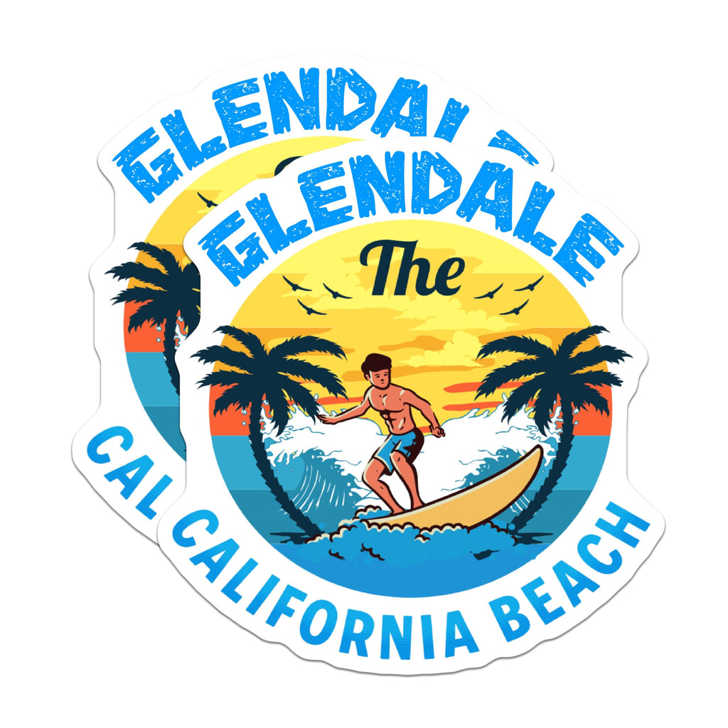(2 Pack) Glendale California Stickers - Beach Surfer Decals - Sunset Palm Tree Art - 5" On Longest Side - Sticks to Smooth Flat Surfaces - Made in USA - BMCS18074